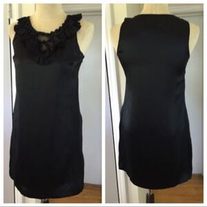 ECI Black Silk Satin Dress 6 Beaded Mesh Ruffles